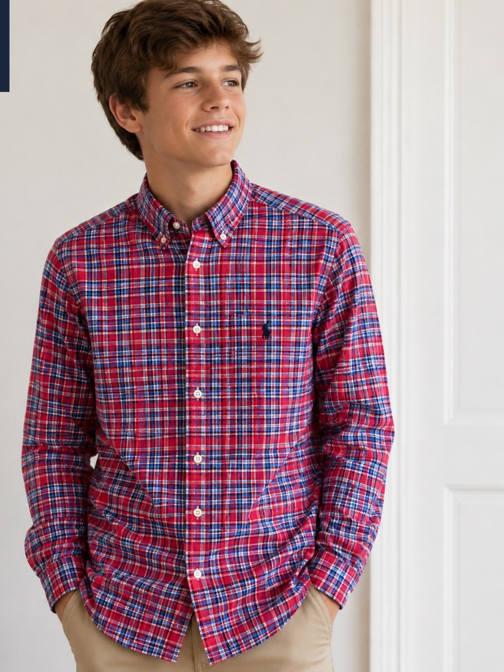 Ralph Lauren Boys L (14-16) Plaid Button-Up Shirt Red Blue White Long Sleeve